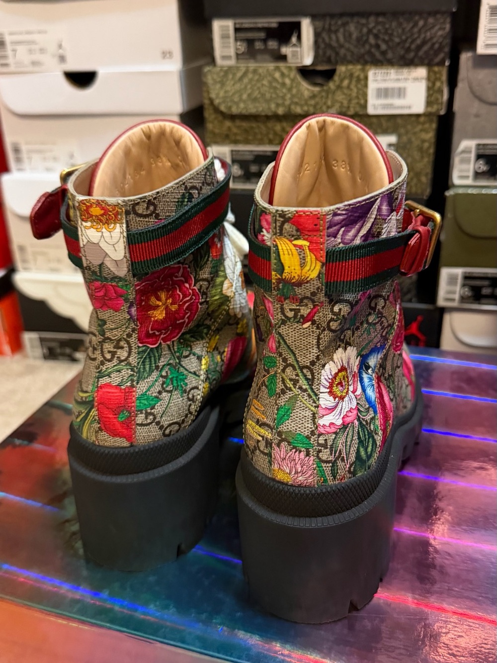 Gucci Floral Canvas Lug Boot in Beige, Red & Green - Picture 4 of 5